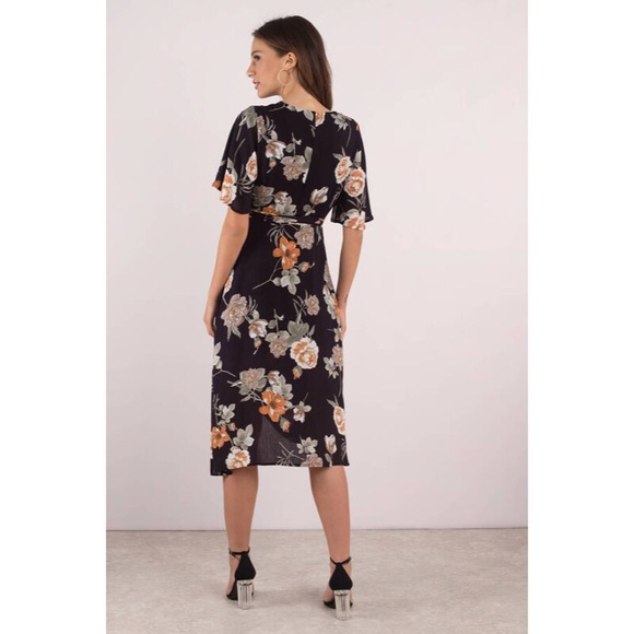 Black Floral Print Wrap Midi Dress - Picture 3 of 5